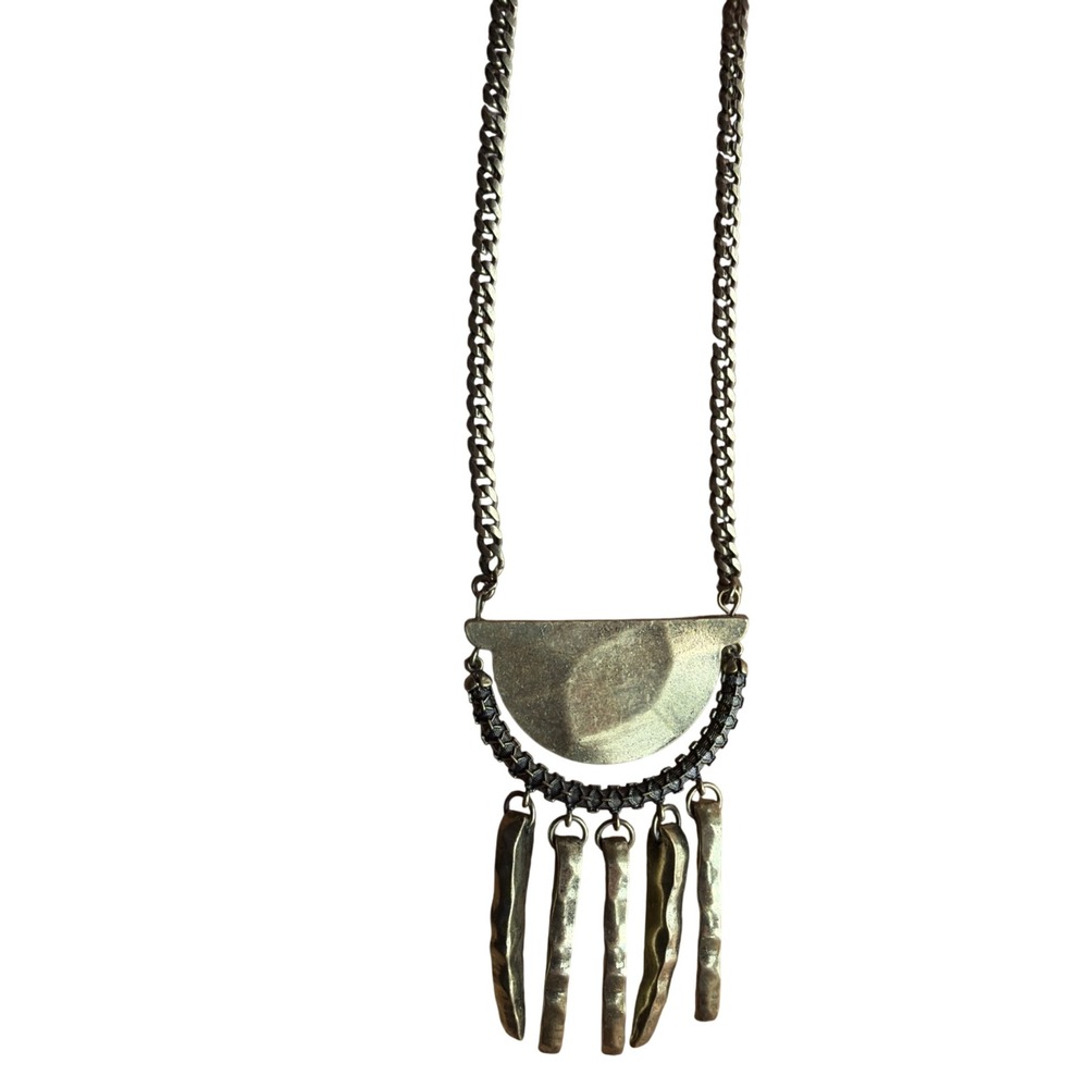 Brass Tone Brutalist Hammered Fringe Statement Bib Necklace Boho Heidi Klum